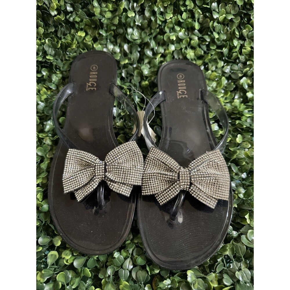 Rouge Helium Black Jelly Rhinestone Bow Thong Sandals Women’s Size 8 NWT